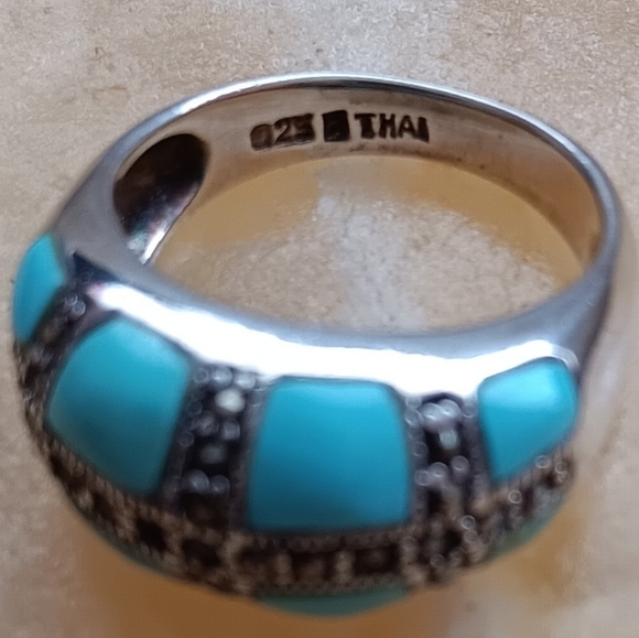 925 Thai Silver Marcasite Turquoise Ring - Picture 10 of 11